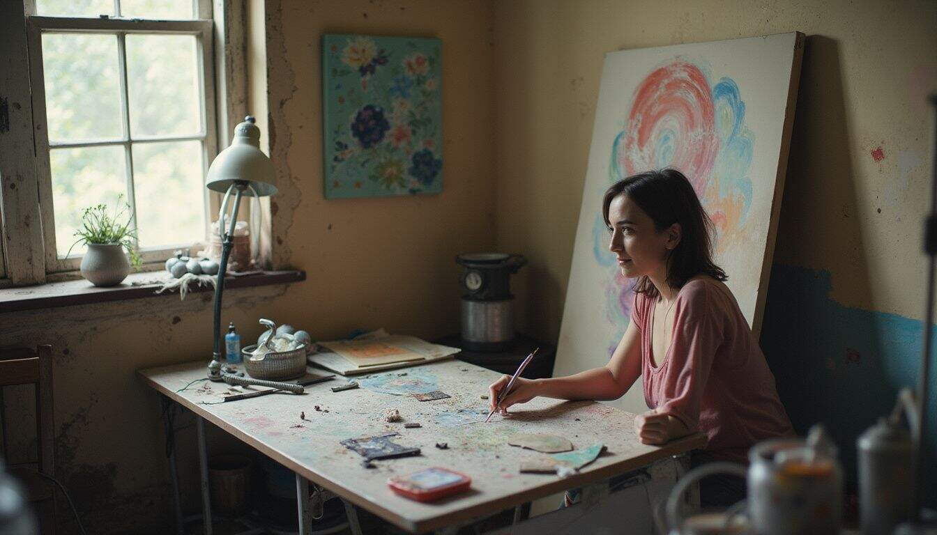 An artist's messy workspace features unfinished paintings, scattered supplies, and a relaxed creator immersed in the creative process. Colorful artist painting in a cozy studio filled with natural light from window.