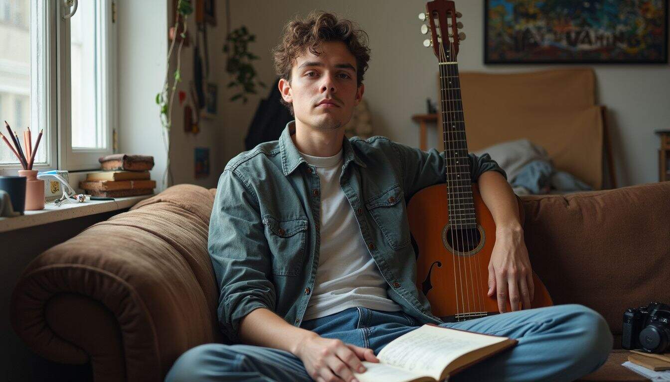 A relaxed guy in his late 20s sits with a camera, sketchbook, and scattered art supplies on a worn sofa. Young man with guitar sitting on cozy living room couch, reading a book, natural light, casual home atmosphere, embracing music and relaxation, lifestyle, indoor leisure, content creation, home decor inspiration.