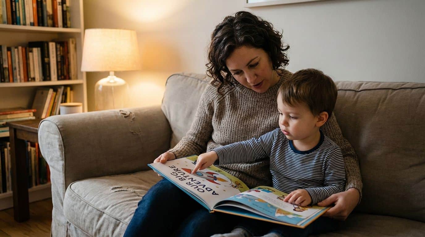 A parent and child reading a book together on a sofa.