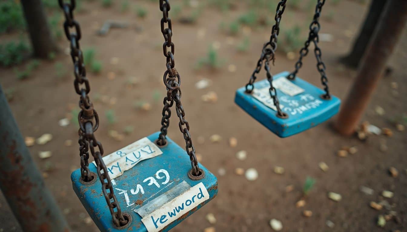 A casual park scene features worn swings adorned with handwritten notes, reflecting community life and online interactions. Rusty blue swings at a park with labels and locks hanging from the chains, symbolizing memories and personal connections. Perfect for outdoor play, family fun, and nostalgic childhood moments.