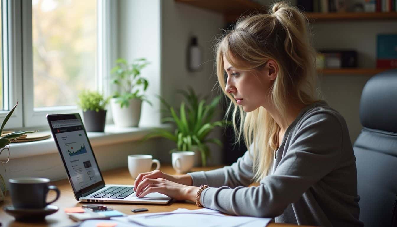 A woman in her mid-30s works on parenting blog ideas at a cluttered home office desk. Laptop with business analytics on a desk, woman working from home, remote work, productivity, home office, technology, modern workspace, digital tools, work from home environment, business growth, online business, digital marketing, data analysis, entrepreneurship, freelance work, professional development, work-life balance, home office setup, internet connectivity, virtual meetings, business strategy, digital workspace, remote worker, entrepreneurship success, work efficiency, online entrepreneurship.