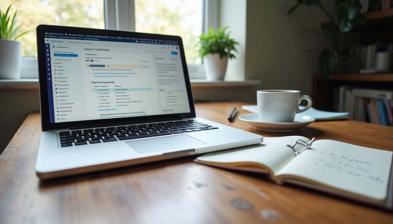 A casual home office scene featuring a laptop with a keyword research tool and handwritten parenting notes. SEO-friendly ALT: Laptop displaying SEO analytics on wooden desk with notebook, cup of coffee, and window in background.