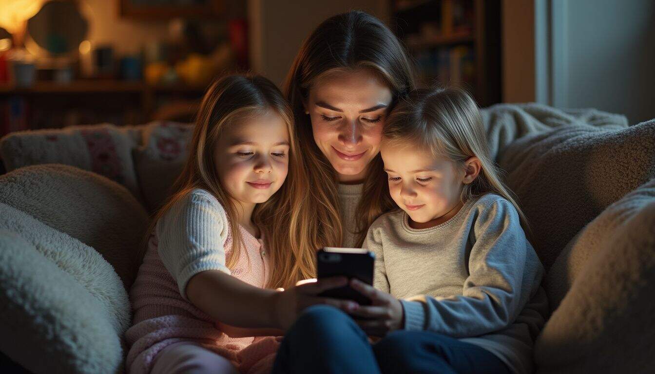 A mom and her two kids casually share parenting posts on a smartphone in their cozy, cluttered living room. Happy family watching a smartphone together, cozy indoor scene, warm lighting, mother and two daughters enjoying quality time, family bonding, home entertainment, parental love, technology in family life.