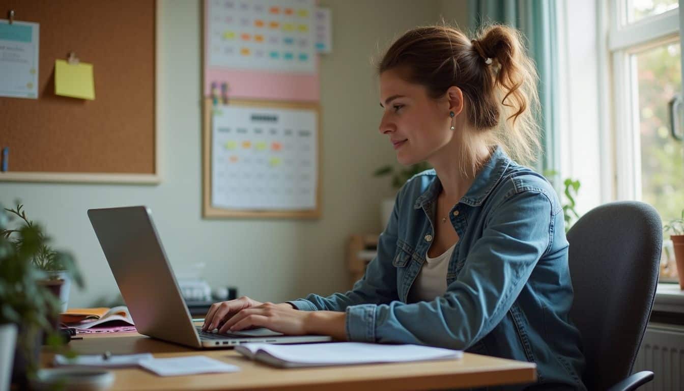 A woman in her mid-30s works casually at a cluttered home office desk filled with parenting notes and reminders. Study woman working on laptop at desk in home office.