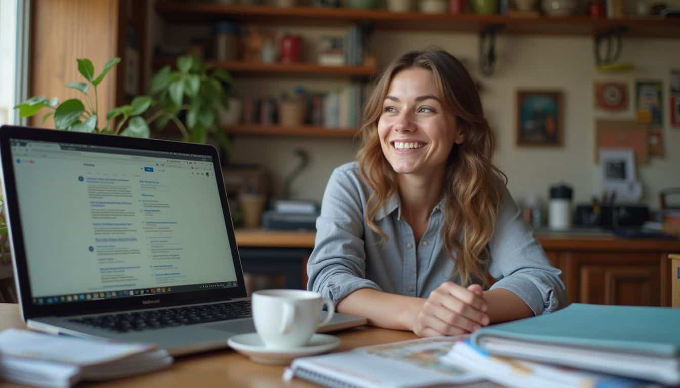 A relaxed woman in casual attire sits at a cluttered desk, focused on parenting-related tasks on her laptop. Relaxed woman working on a laptop in a cozy home office or study space, surrounded by books, plants, and office supplies, representing productivity and comfortable work-from-home environment.