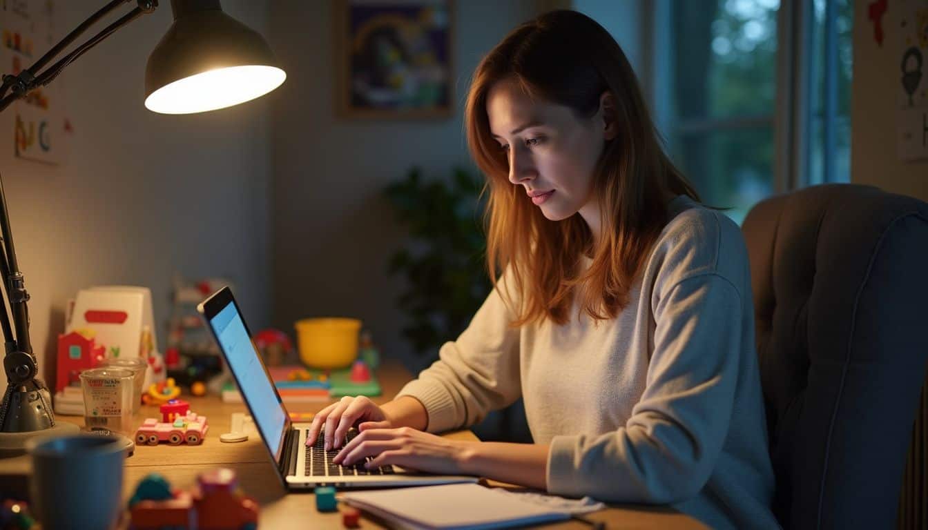 A woman in her mid-30s writes on her parenting blog amidst a messy desk and scattered kids' toys. Laptop scene with young woman working and children’s toys on the desk, studying at home, cozy workspace, evening lighting, remote work, online learning, home office setup, multitasking, comfortable environment, personal workspace, home education, working from home, family time, education technology.