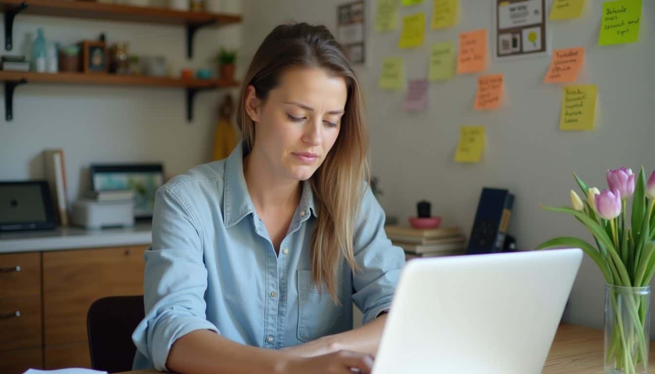A woman in her 30s is casually working at a cluttered desk on ideas for a parenting blog. Computer desk workspace with woman working on laptop, plant, sticky notes on wall, and office supplies.