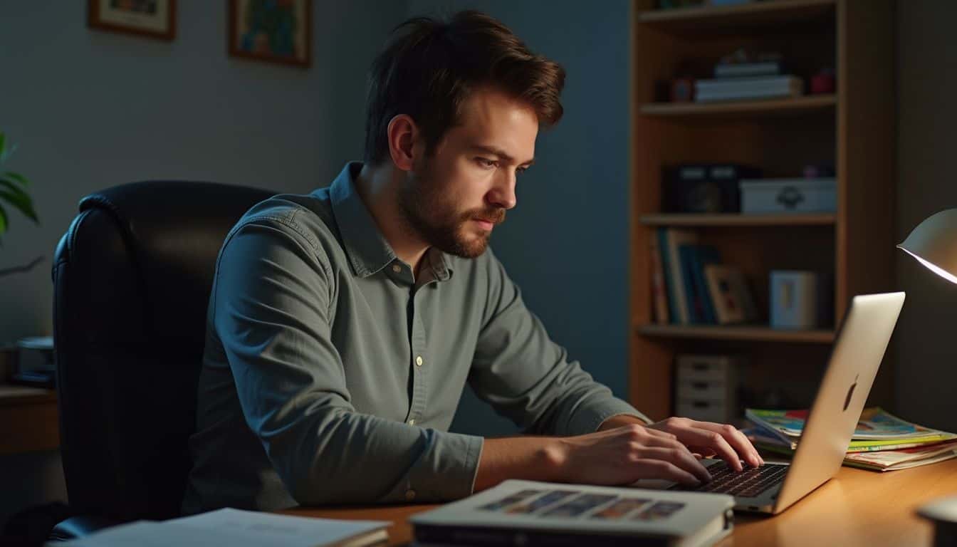 A person in their mid-30s casually browses blogs at a messy desk filled with parenting books and scattered papers. Laptop user working late at home, studying or working on a project in a cozy, well-lit home office with bookshelves in the background.