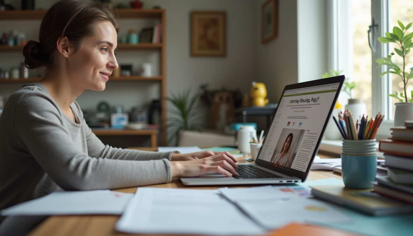 A woman in her 30s works on a parenting blog amidst a cluttered home office desk. Laptop browsing tips for successful online content creation and management.
