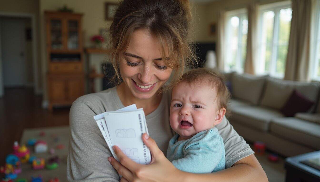 A weary mom juggles a crying baby and bills in a cluttered living room filled with scattered toys. Cute toddler crying while being comforted by smiling woman holding paper flashcards in cozy living room.