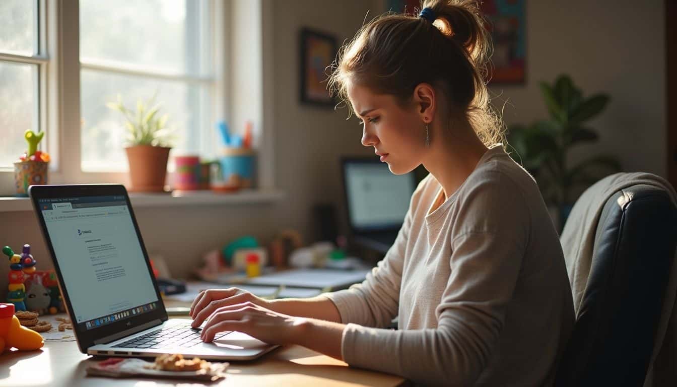 A tired woman in her late 20s sits at a messy desk cluttered with toys and snacks, focused on her laptop. Helping woman working on laptop at home, focusing on screen, with cluttered desk and toys, natural sunlight, casual modern interior.
