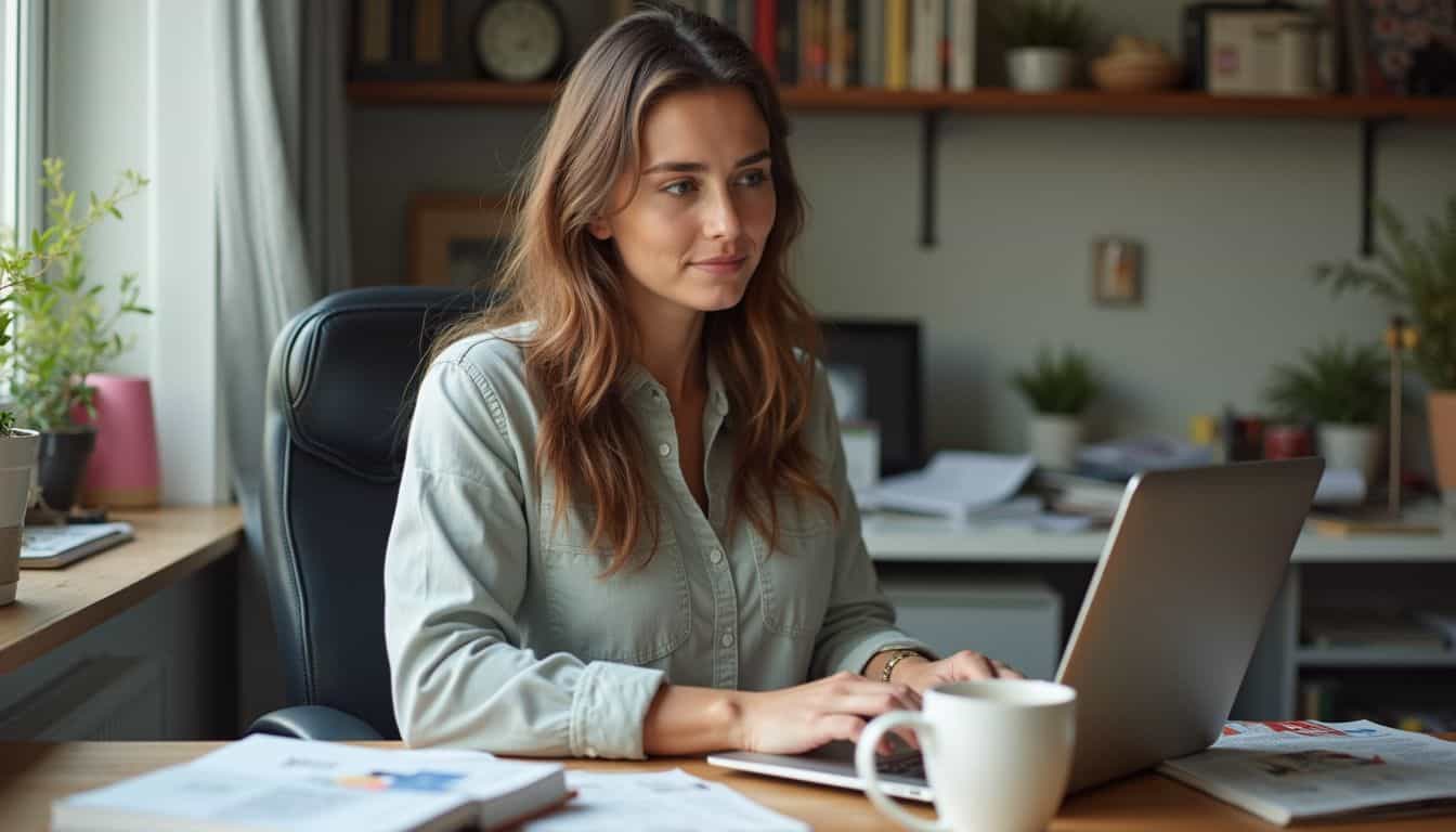 A woman types on her laptop at a cluttered home office desk, reflecting a casual and focused work-from-home moment. Calm woman working on a laptop in a home office surrounded by plants and books, representing productivity and focus.