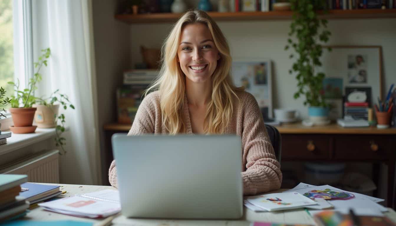 A woman in her 30s casually sits at a cluttered desk in her home office with an open laptop. Bright smiling woman working on a laptop in a cozy home office with houseplants and organized workspace at Tidbits of Experience, emphasizing productive work environment.