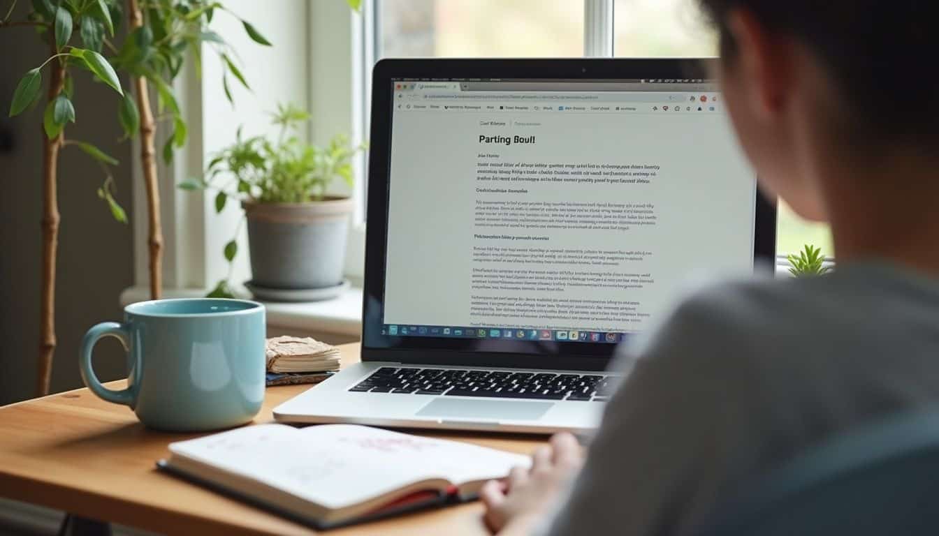 A cozy home office corner features a laptop, notebook, and coffee mug, reflecting a lived-in, casual workspace. Laptop screen displaying an article on a cozy wooden desk with a coffee mug and potted plants in the background, capturing a productive home workspace environment.