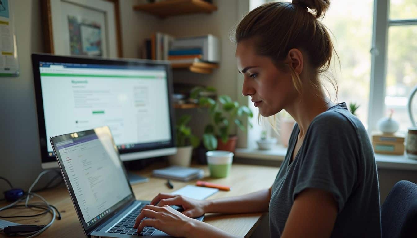 A woman in her 30s works casually at a cluttered desk with her laptop and SEO tools. Keyword research for SEO, woman working on computer, home office, digital marketing, productivity.