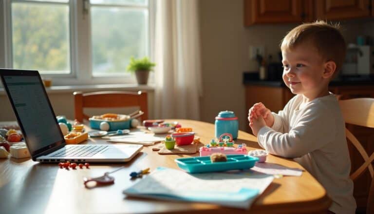 Heavily focused on a young boy at a table with toys, snacks, and a laptop in a bright kitchen setting, emphasizing children’s playtime and learning at home during the day.