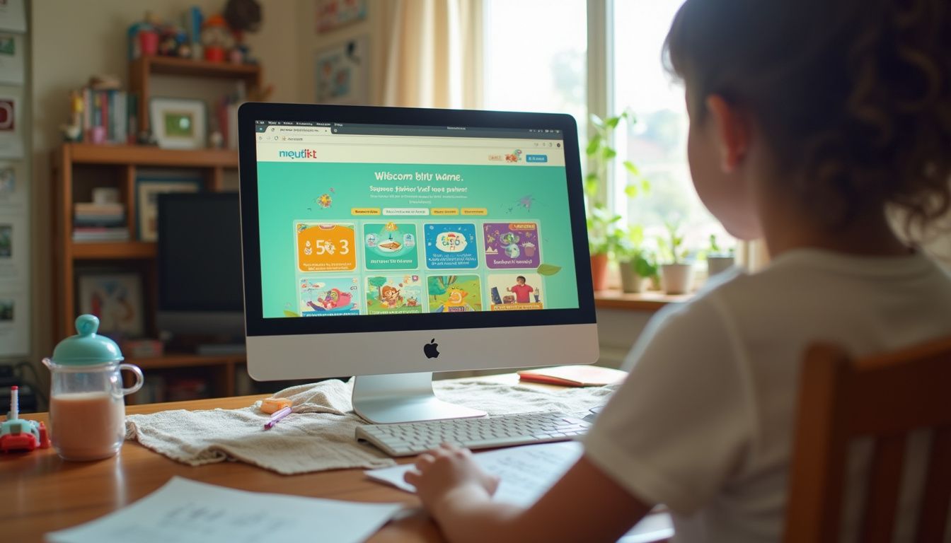 A cozy living room features a cluttered desk with a computer displaying preschool learning games and scattered toys. Neutikt educational website for kids, children playing on computer with colorful learning content, online learning platform for kids, kids engaging with digital educational games and activities, relevance.