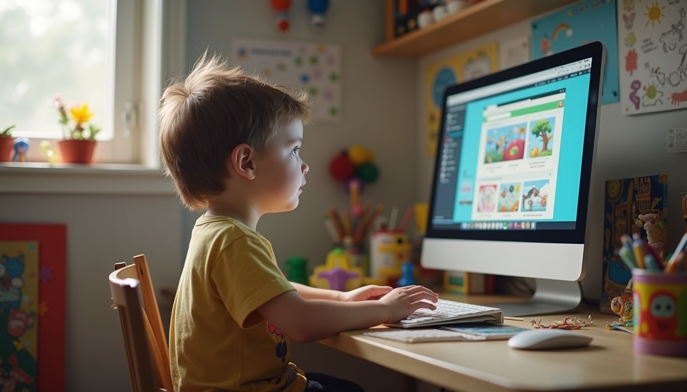 A relaxed child sits at a cluttered desk, engaged with colorful educational websites amidst a playful room atmosphere. Child using computer in colorful playroom, learning with educational games, child-friendly technology for kids, home learning, early childhood education, kid-focused online educational resources.