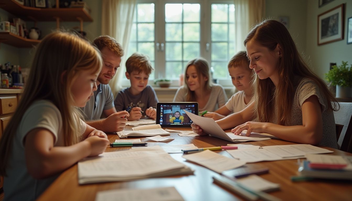 A casual family gathered around a kitchen table, surrounded by worksheets and a tablet, enjoying a relaxed afternoon together. Family doing homework together at home, children and parents studying around a table with books and papers, educational activity, family bonding, homeschooling, learning environment, Tidbits of Experience.