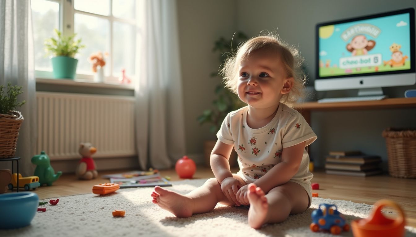 A young child engages with toys in a cozy home preschool space featuring an online learning program. Cute baby girl playing with toys on a cozy rug in a sunlit living room, kids' room, or play area, with a computer monitor in the background displaying a cartoon.