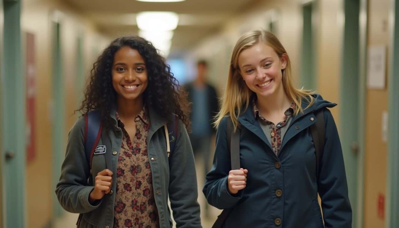 A girl and her mom explore St. John's-Kilmarnock School during an open house, enjoying a casual moment together. Smiling young women with backpacks walking down school hallway, happy students, high school education, friendship, campus life, teenage girls.