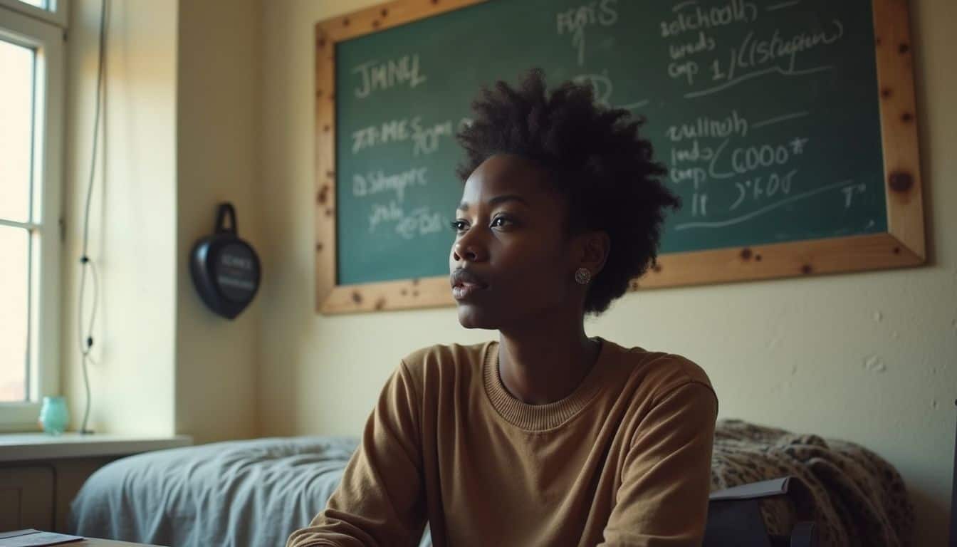 A student relaxes in a lived-in dorm room with a chalkboard displaying time zones and scattered study materials. Focused African American woman studying in a cozy home classroom setting with a blackboard, emphasizing learning, education, and personal growth.