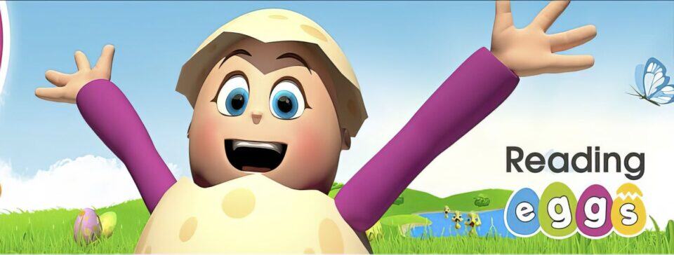 Reading Eggs App Review: 15 Things Parents Need to Know 2 Bright animated character with blue eyes, surrounded by colorful eggs, grass, and a butterfly, promoting early childhood reading and literacy with engaging educational content.