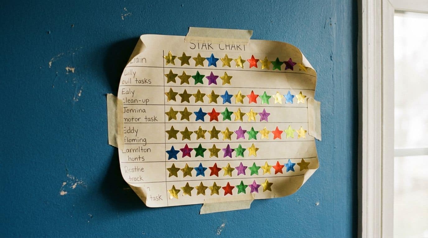 A star chart on a wall filled with colorful stickers.