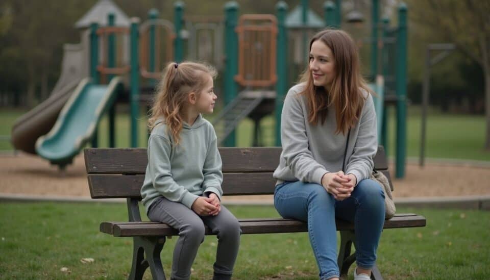 Relaxing mother and daughter chatting on park bench near playground, family spending quality time outdoors, autumn day, leisure, bonding, childhood, motherhood, park visit, peaceful environment, kids play area, nature scene.