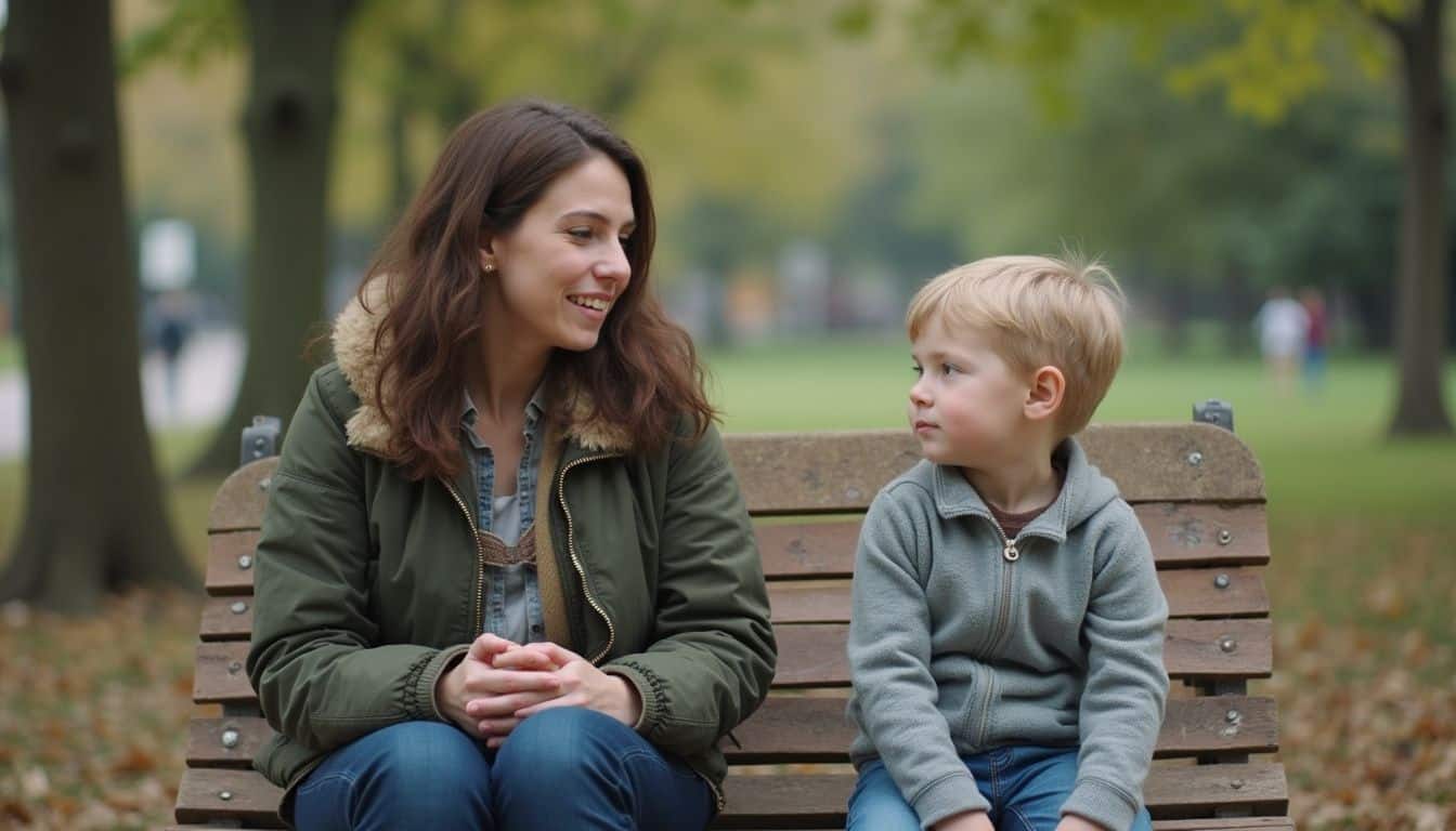 Mother and son having a heartfelt conversation while sitting on a park bench during autumn, surrounded by colorful fall foliage, capturing a moment of bonding and warmth.
