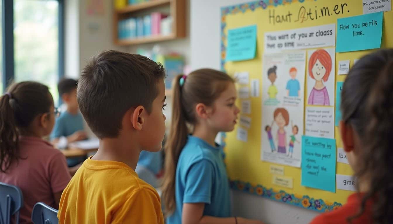 Engaging classroom with students reading a colorful educational bulletin board, promoting learning, creativity, and student participation in a primary school setting.