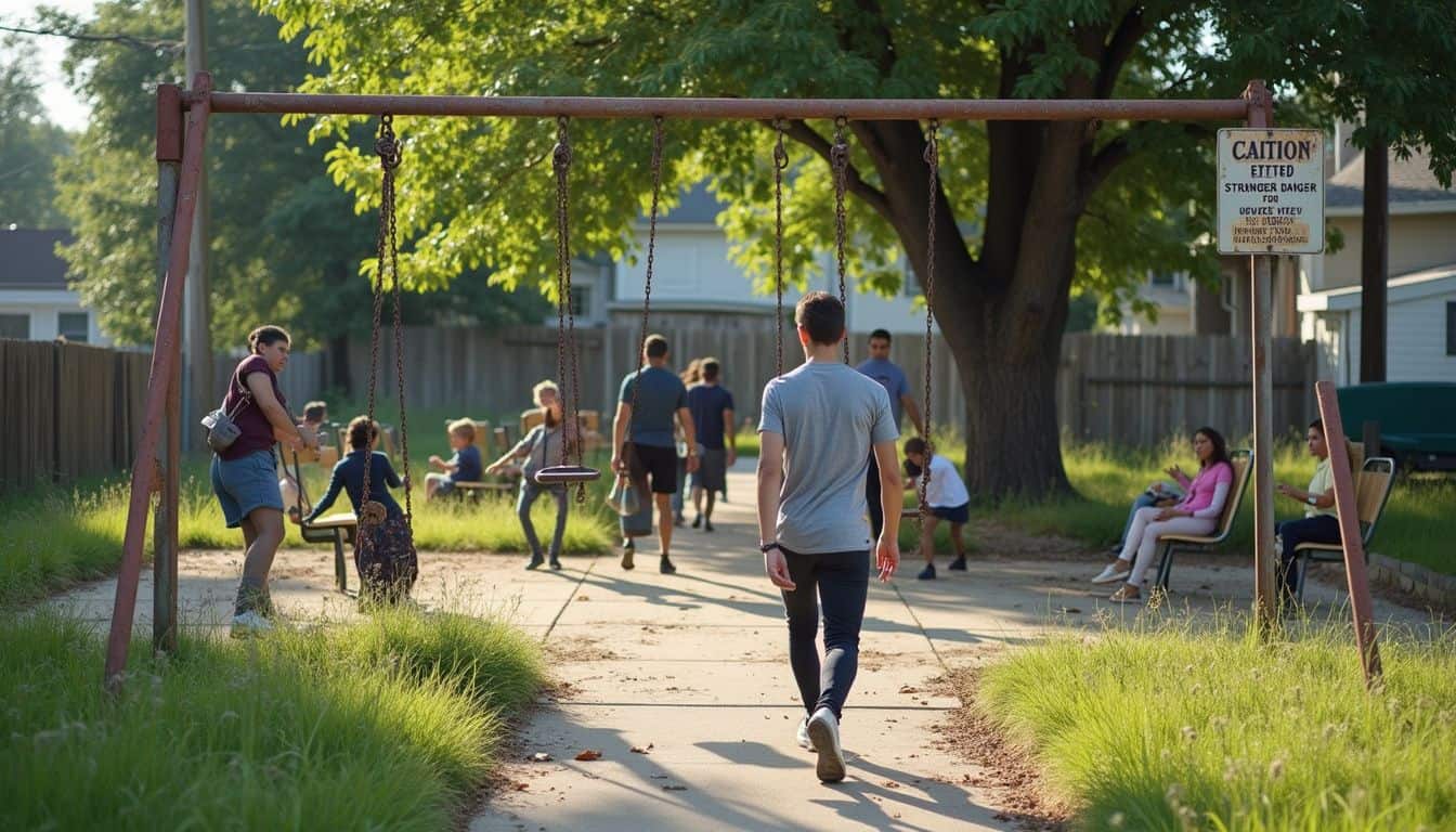 Children playing on a swing set in a park with adults sitting nearby and a large tree providing shade.