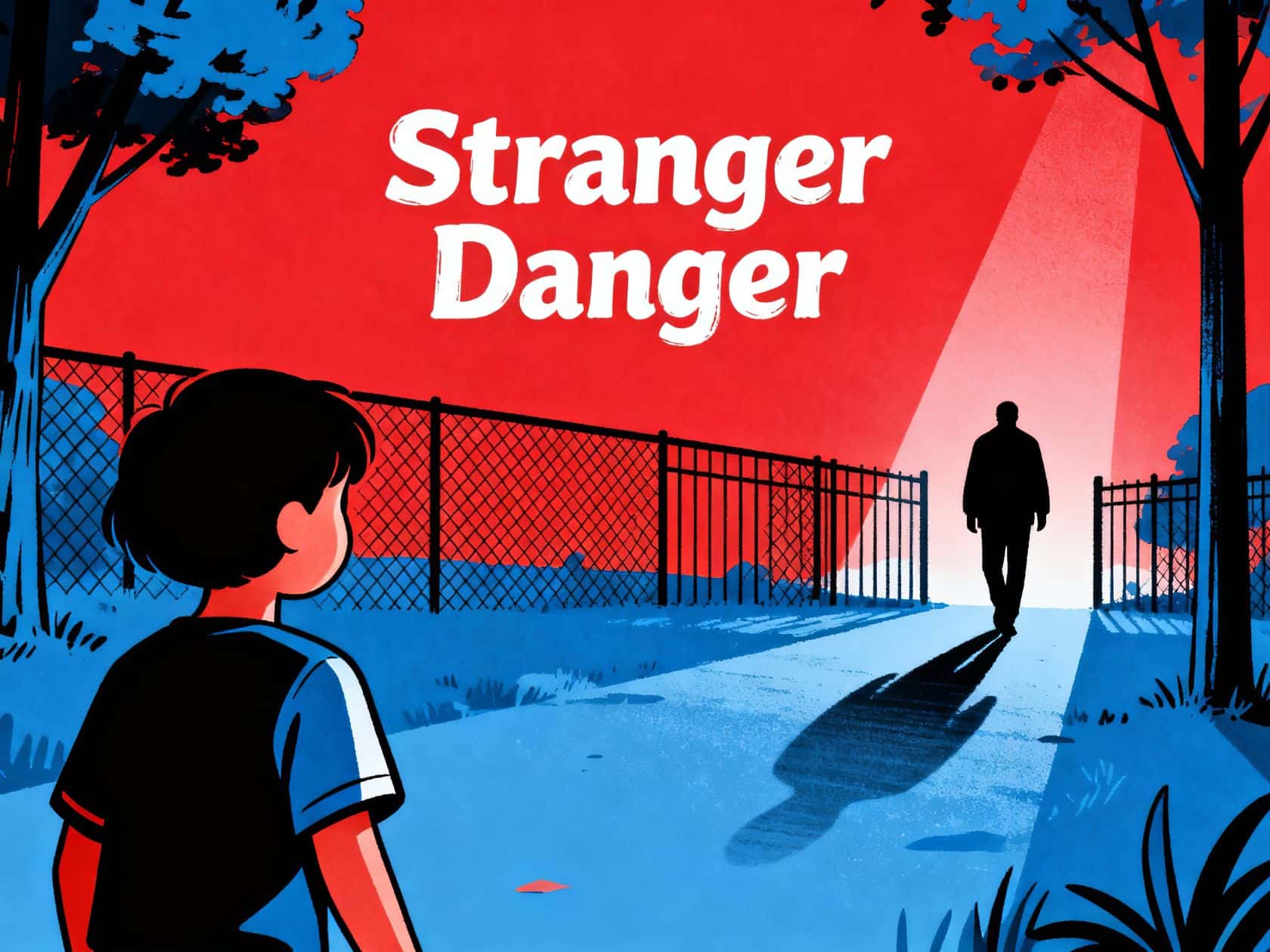 Unsettling warning sign for danger from a stranger, depicting a silhouette of a person walking away with a child watching cautiously, in a stylized, high-contrast illustration with trees and a fence.