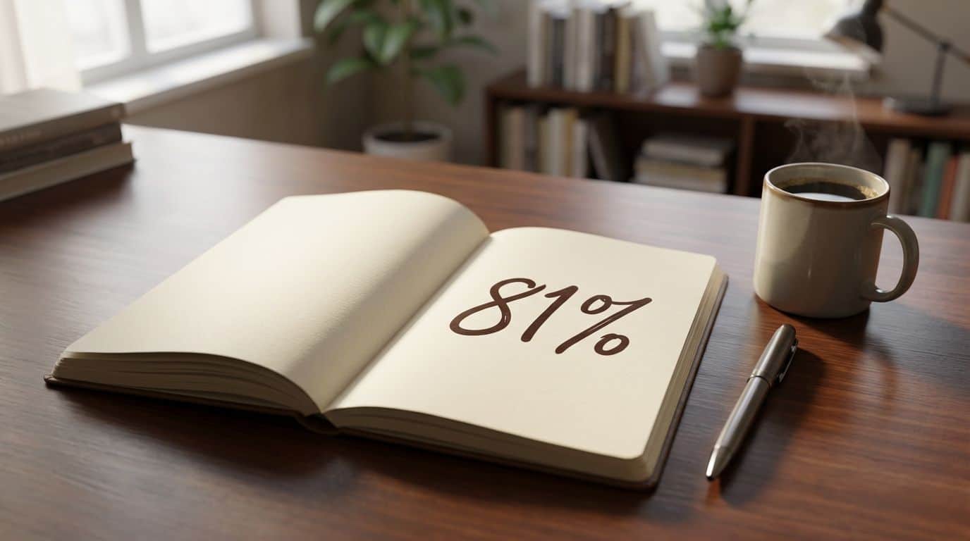 A notepad on a desk displaying the statistic 81% for graduation likelihood.