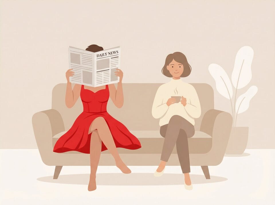 Elegant woman in red dress reading daily news while sitting on a brown sofa with a peaceful plant in the background.