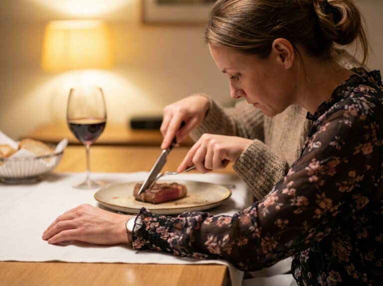 Enjoy a perfectly cooked steak dinner paired with a glass of red wine in a cozy, warmly lit dinner setting. The woman in the image is savoring a delicious steak meal, highlighting a refined dining experience.