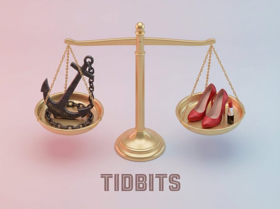 Reliability anchor contrasted with fashionable red shoes and lipstick, illustrating lifestyle balance, personal confidence, style, and dependability.