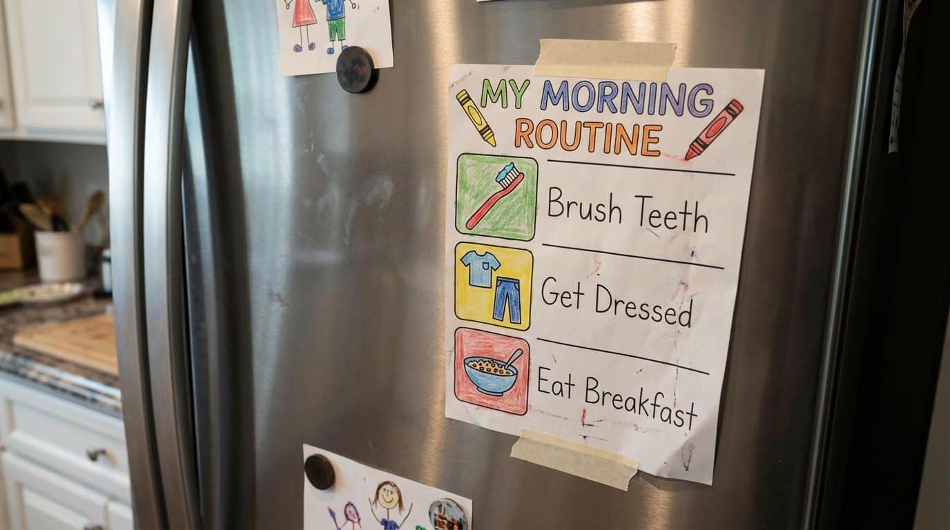 A colorful visual checklist for a morning routine taped to a refrigerator.