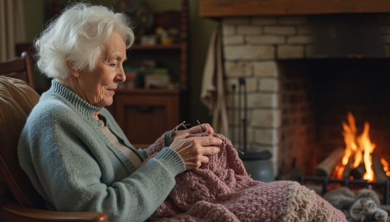 Knitting elderly woman by fireplace, cozy home atmosphere, senior woman crafting warm blanket, relaxation and hobby, winter indoor activity, comfortable living space, spending quality time at home.