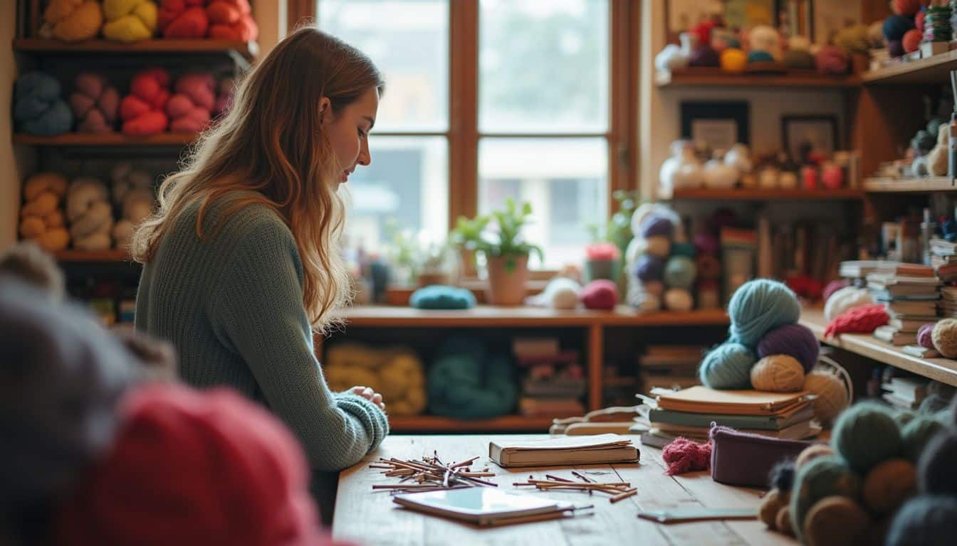 A cozy yarn shop filled with colorful yarn, knitting tools, and a relaxed person browsing the space. Yarn and knitting supplies in a cozy craft room with a woman knitting, colorful yarns organized on shelves, perfect for knitting, crocheting, and DIY craft enthusiasts, inviting and warm atmosphere.