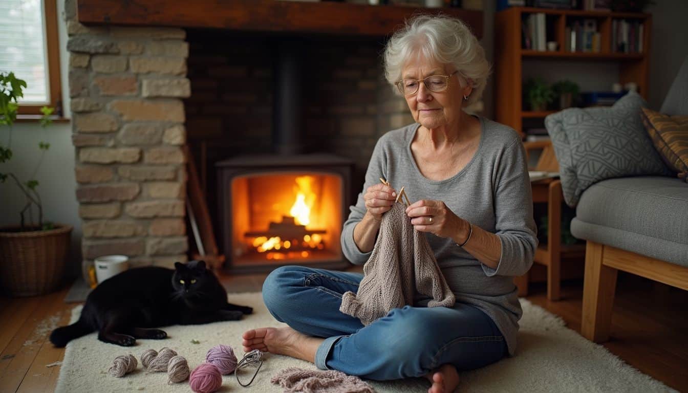 A woman in her 60s knits by the fireplace with a cat nearby, surrounded by a cozy, lived-in room. A woman in her 60s knits by the fireplace with a cat nearby, surrounded by a cozy, lived-in room.