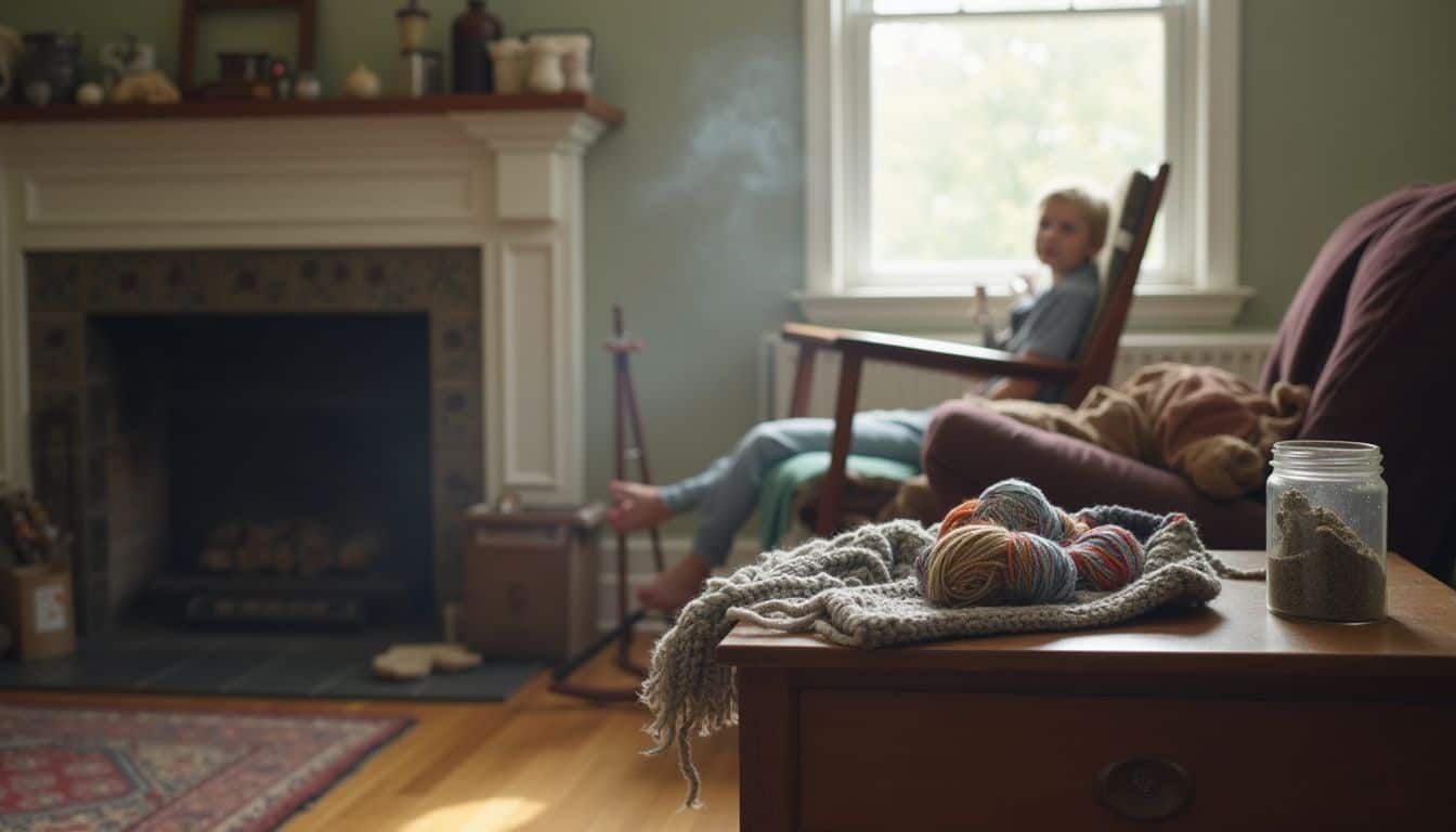 A cozy, lived-in living room features a rocking chair, knitting project, and a jar of dried lavender on a side table. A cozy, lived-in living room features a rocking chair, knitting project, and a jar of dried lavender on a side table.