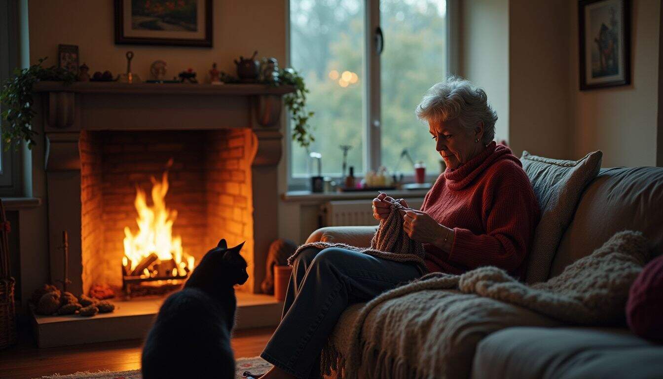 A middle-aged woman knits by the fireplace, accompanied by a lounging black cat in a cozy, lived-in room. A middle-aged woman knits by the fireplace, accompanied by a lounging black cat in a cozy, lived-in room.