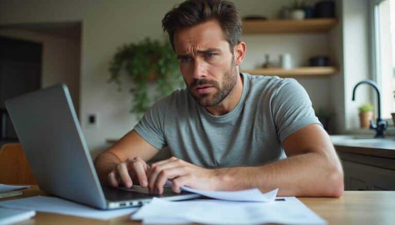 Frustrated man working on laptop with papers at home, feeling overwhelmed and stressed.