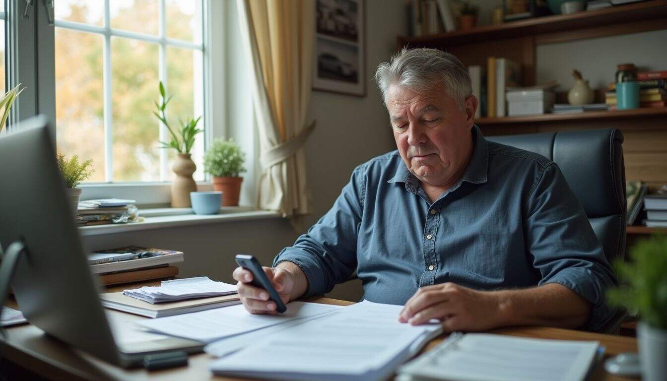 A middle-aged person reviews car insurance papers at a cluttered home office desk with a worried expression. Ben Franklin sitting at a desk working with papers and a smartphone, in a well-lit home office.