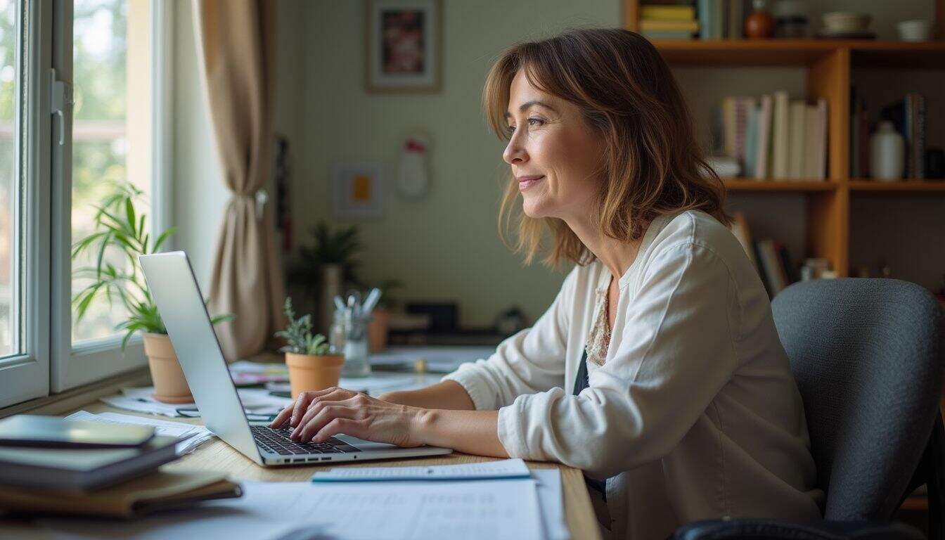 A woman in her mid-30s sits at her cluttered desk, casually focused on her laptop. Quiet woman working on her laptop at home, surrounded by books and plants, during daytime.
