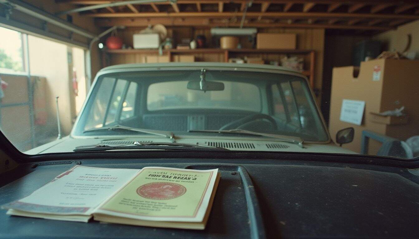 An old car is parked in a cluttered garage with moving boxes and a wedding invitation on the dashboard. Vintage Volkswagen van front view with garage background, showcasing classic automobile charm and nostalgic vibes.
