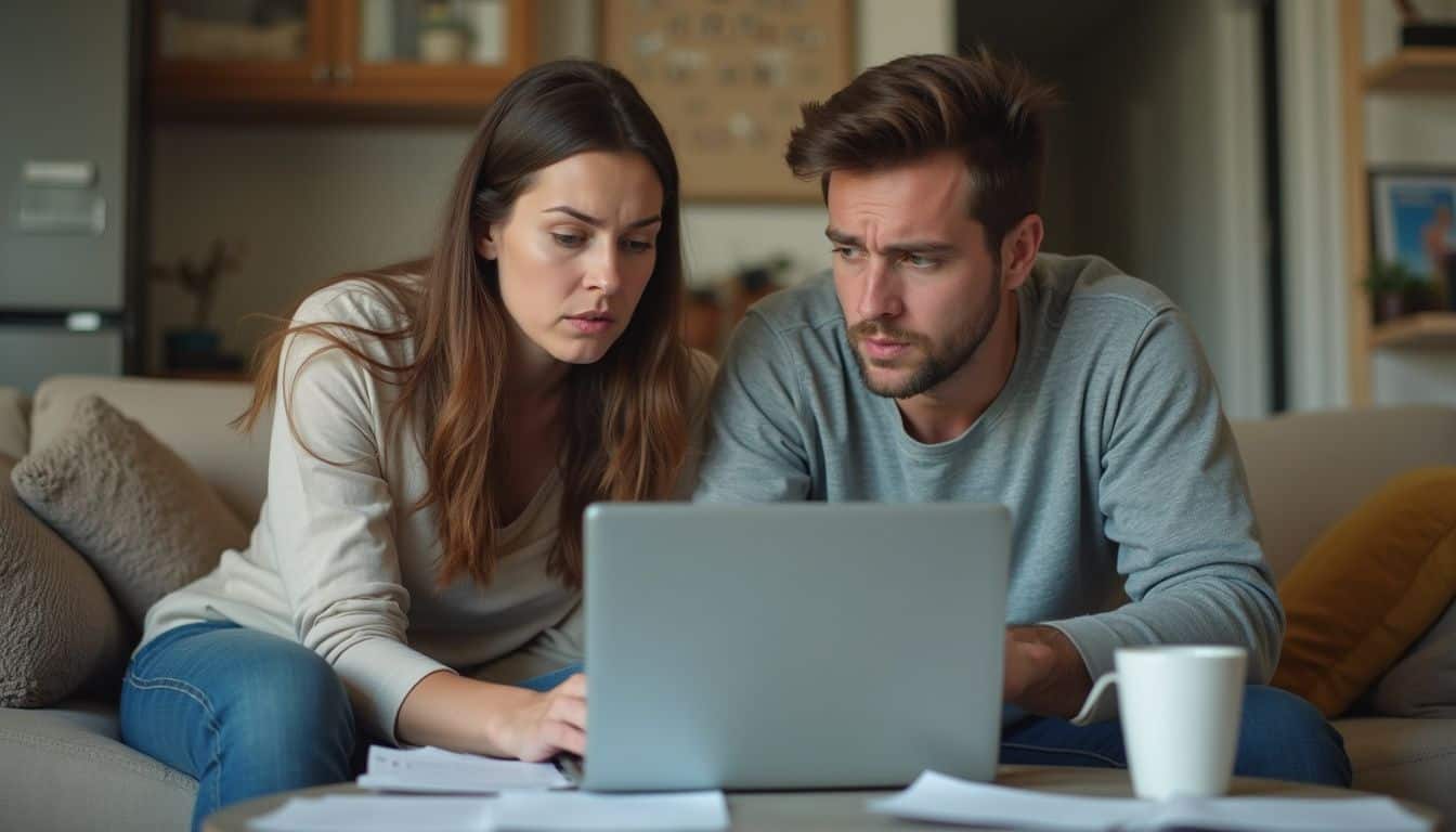 A couple sits on a couch, puzzled as they compare confusing car insurance quotes amid a cluttered living room. Stressful couple arguing over finances at home, sitting on sofa with laptop, papers, and coffee cup, experiencing financial dispute, financial stress, relationship tension, financial problems, and couple conflict.