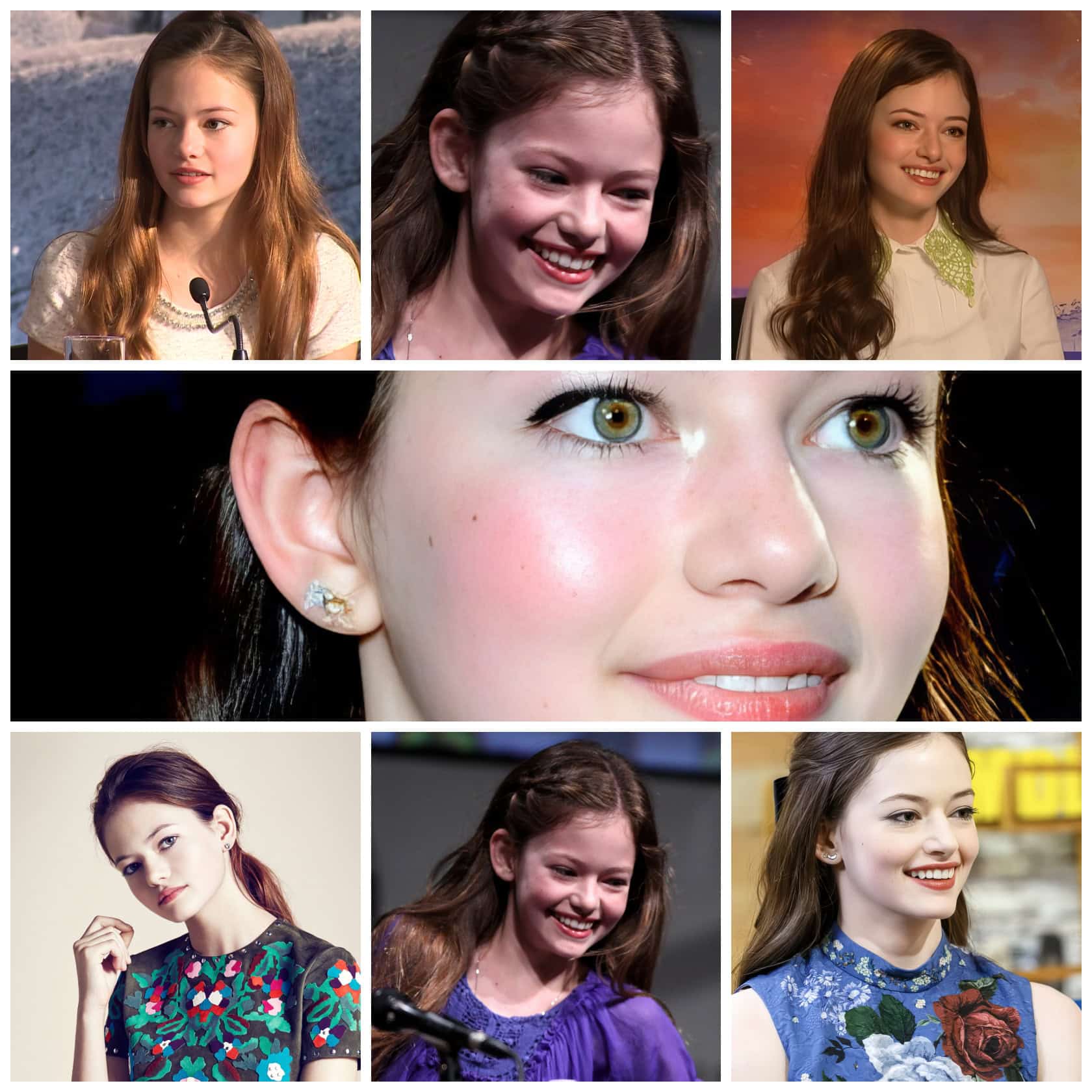 Close-up of a girl with brown hair and bright green eyes with jewelry.