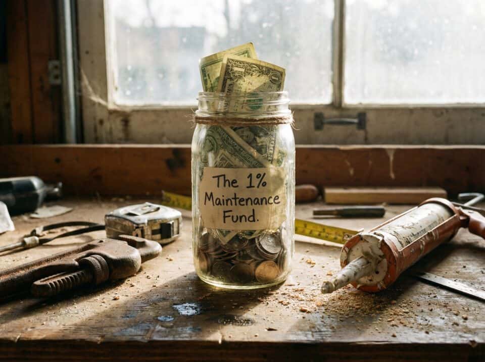 Amusing jar labeled "The 1% Maintenance Fund" filled with dollar bills and coins amidst tools and building supplies on a workbench.